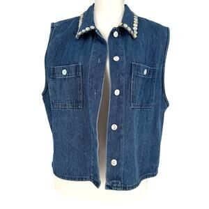 Vintage Stonebridge Pearl Beaded Collar Blue Denim Vest Button Front Womens (L)